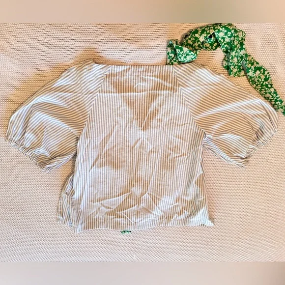 TANYA TAYLOR Blue Striped Blouse w Green Sash Women’s Top - Picture 12 of 14